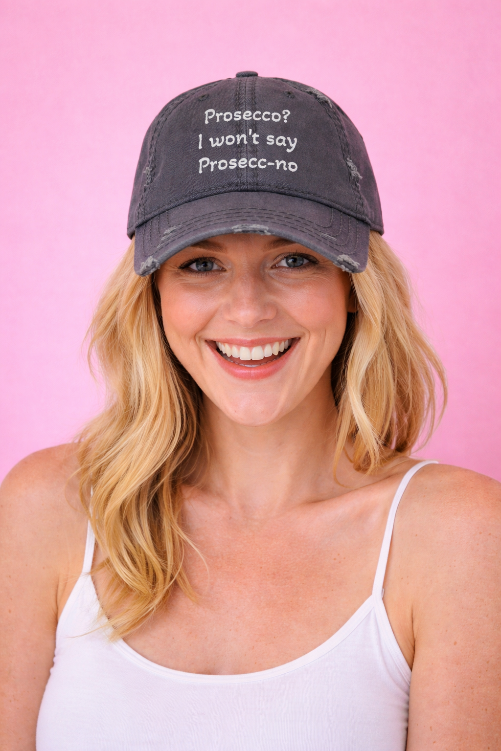 Prosecco? Distressed Cap – Embroidered Slogan Baseball Hat